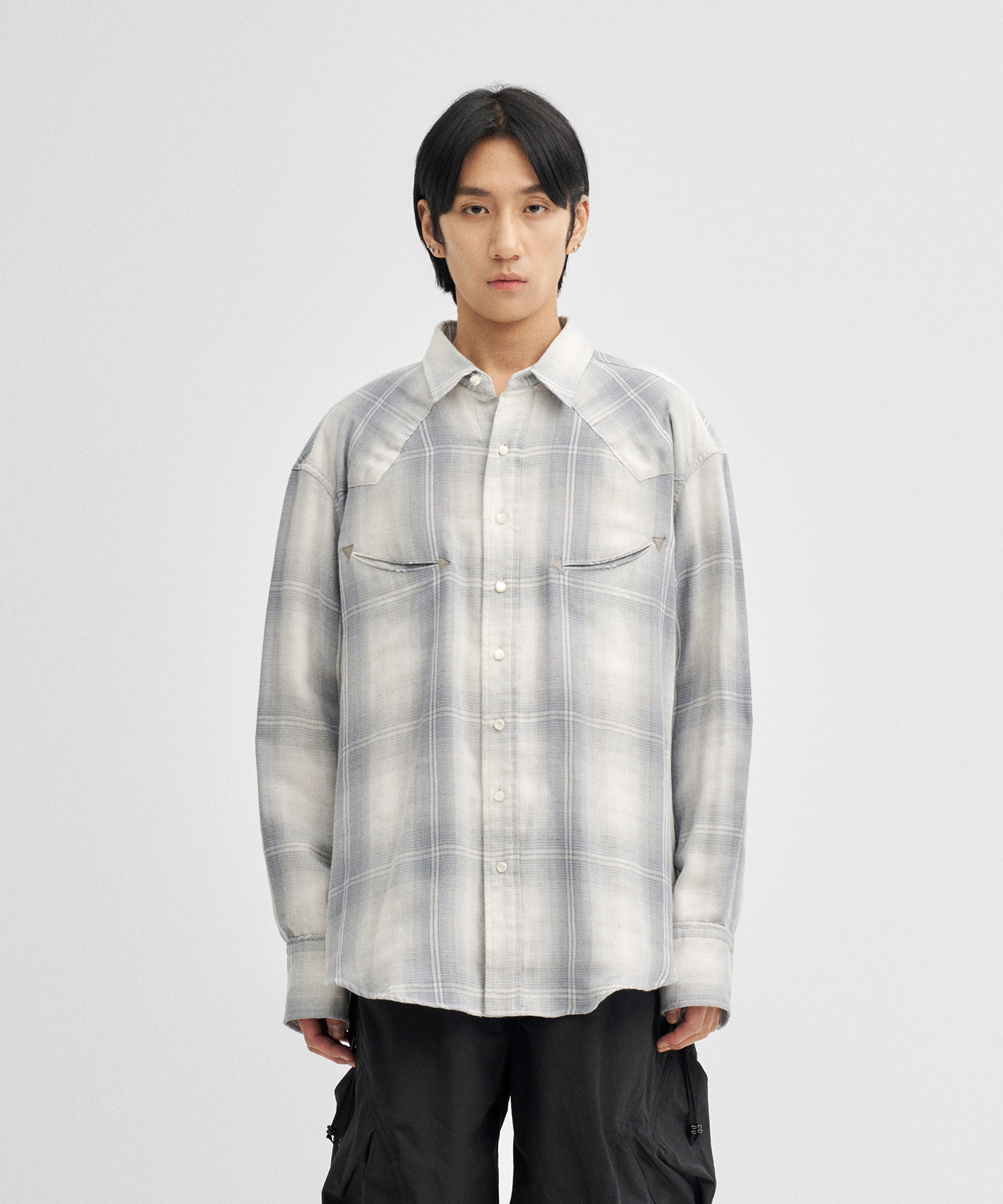 Western Shirt L/S Triple Gause Gilittery Check (Grey)