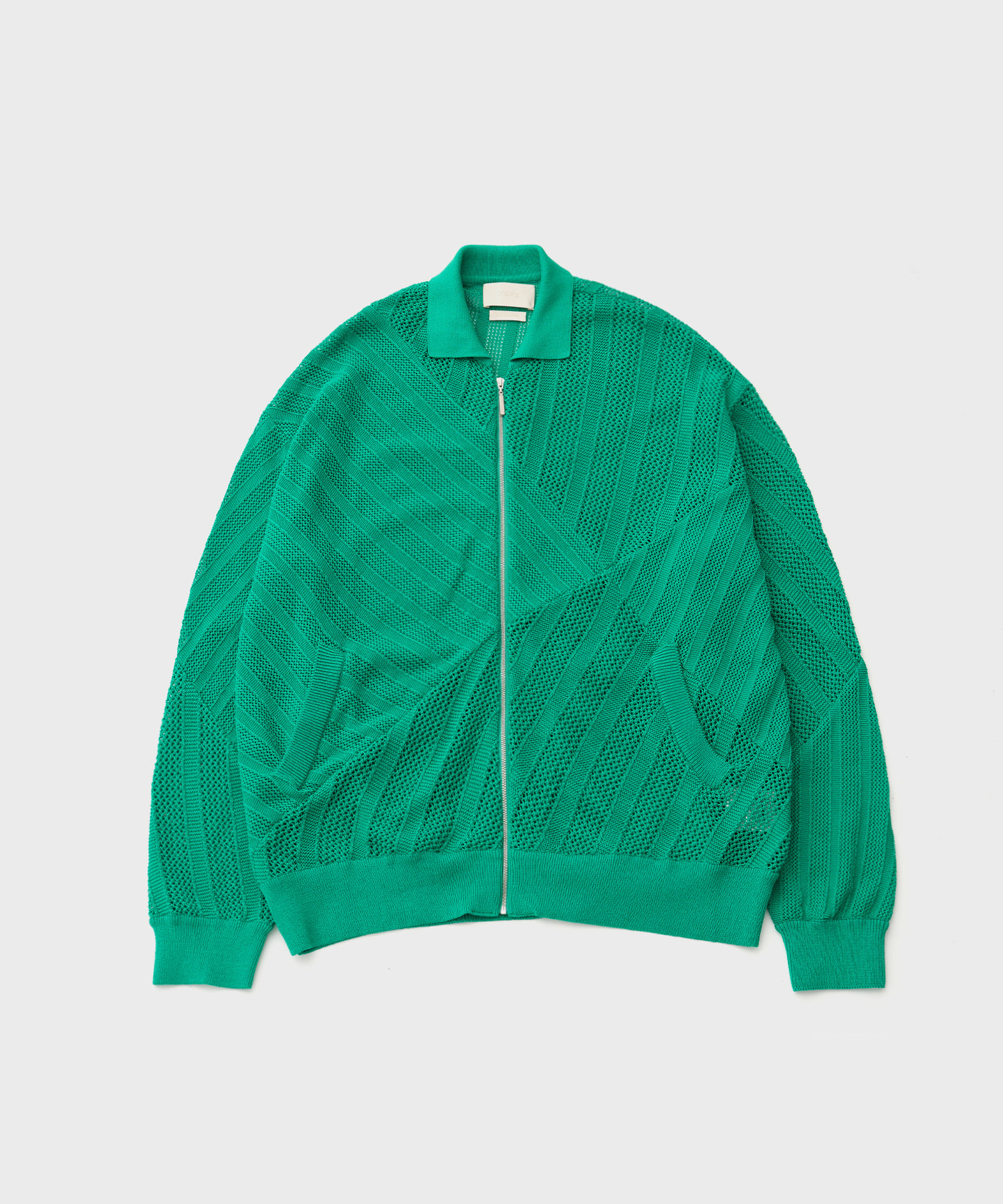 Cotton Mesh Stripe Zip-Up Cardigan (Green)