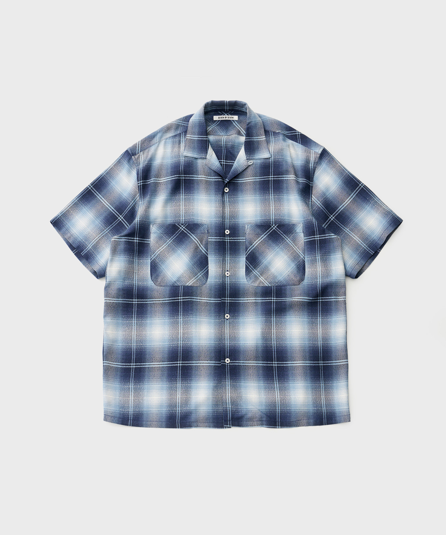 Open Coller Sheer Shirt S/S Modal Boucle Check (Blue)