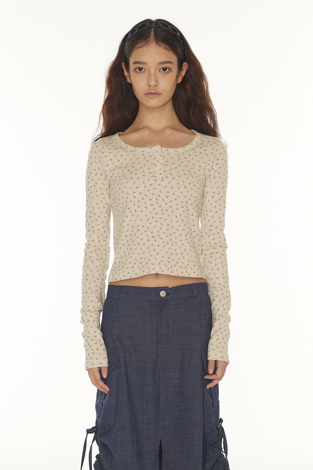 BUTTON SQUARE NECK T - OATMEAL ROSE