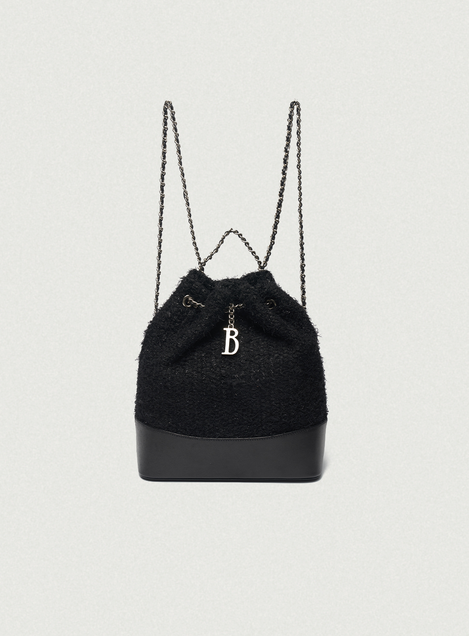 Tweed Drawstring Chain Backpack_Black - The Barnnet