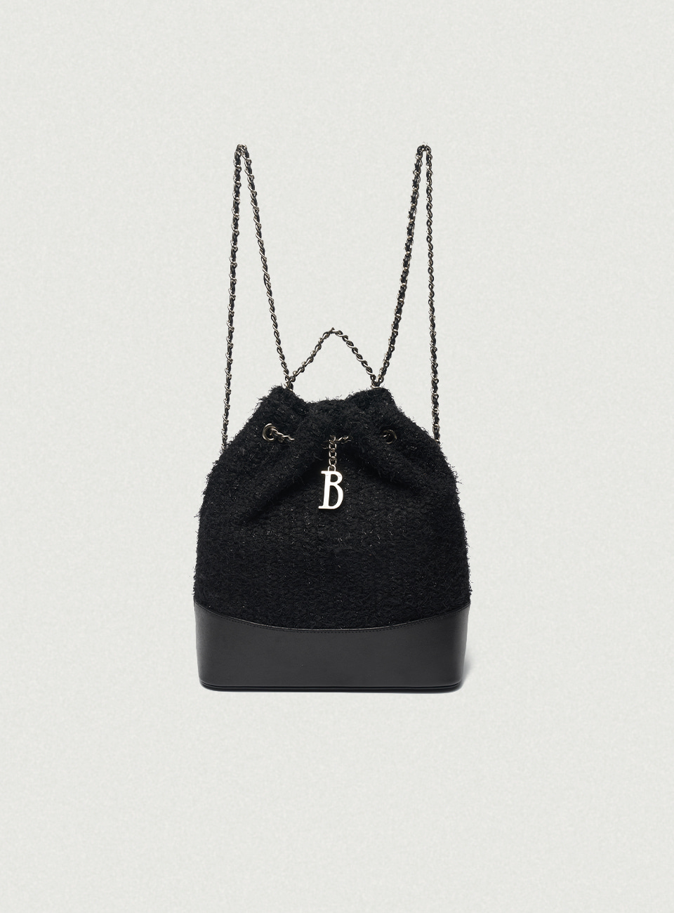 Tweed Drawstring Chain Backpack - Black