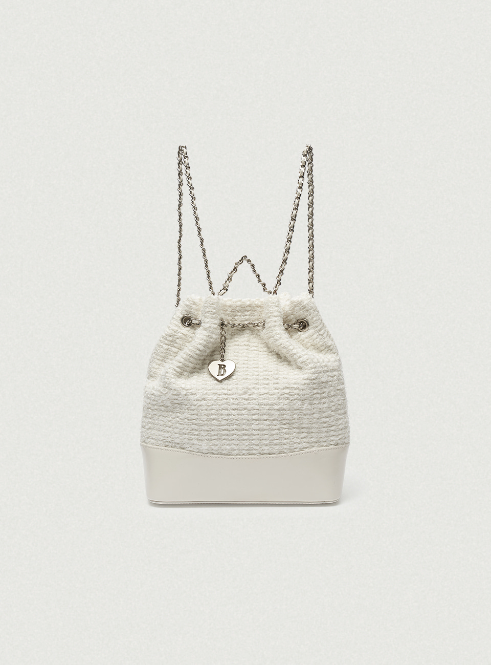 Tweed Drawstring Chain Backpack - Ivory