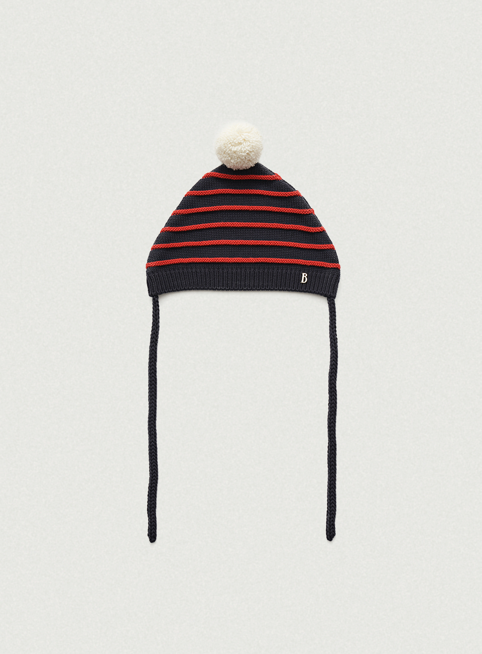 Red Pompom String Striped Knit Beanie