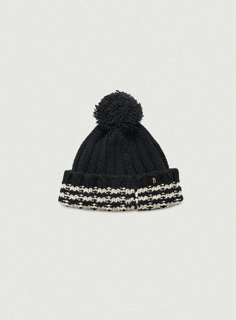 Black Pompom Ribbed-Knit Beanie