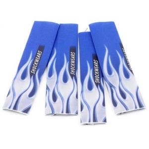 OUT44-2438-28   Outerwears Shockwares Flame Evolution Big Bore Shock Covers (4) (Blue, w/ Chrome Flame)