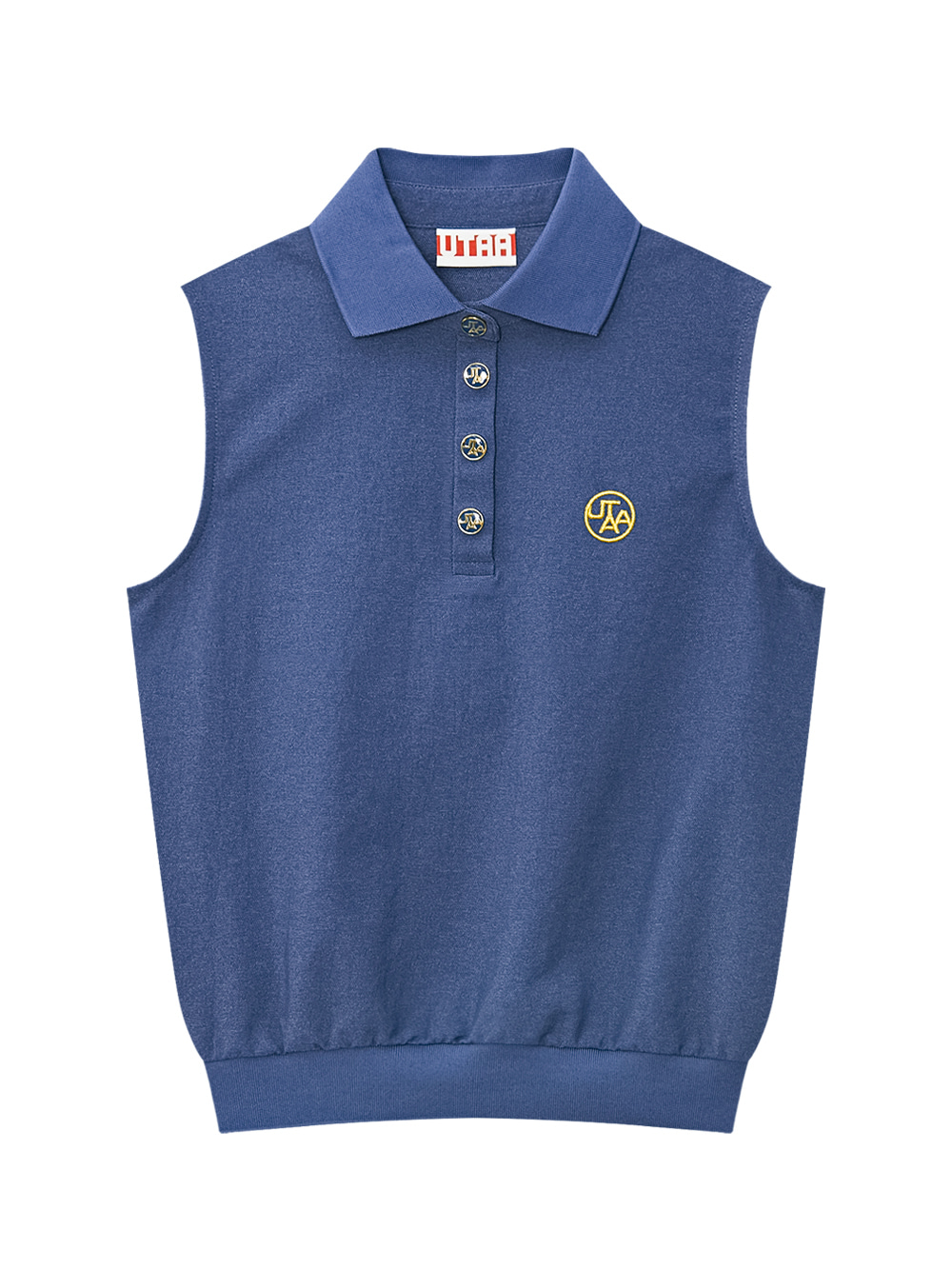 Áo golf nữ màu xanh dương, sát nách, cổ bẻ, hàng khuy vàng, logo UTAA thêu ngực