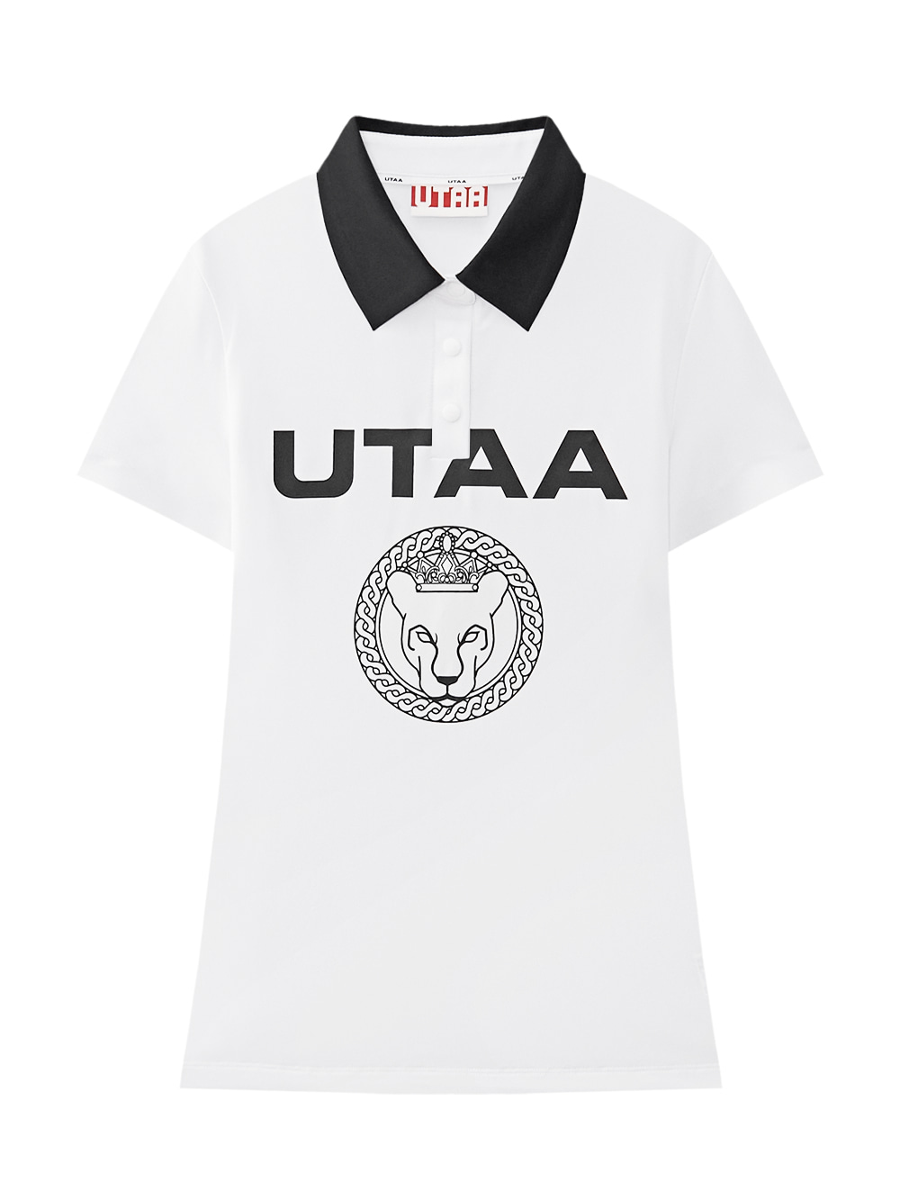 Áo polo golf nữ UTAA màu trắng phối cổ đen in logo UTAA và hình panther