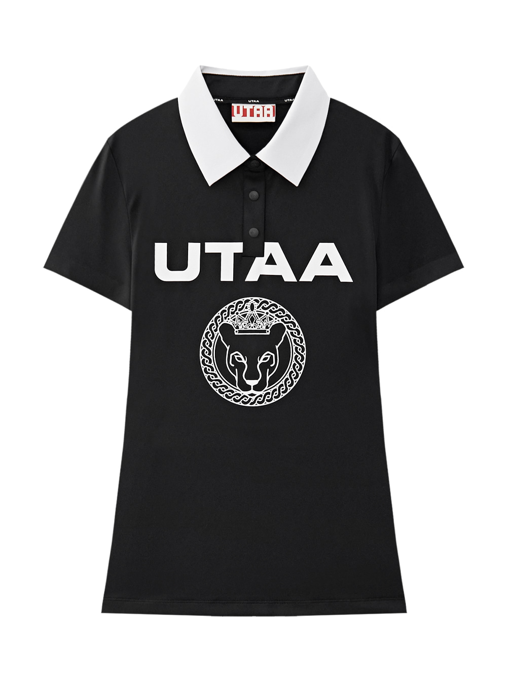 Áo golf nữ UTAA dáng T-shirt cổ bẻ trắng nền đen in logo chúa báo