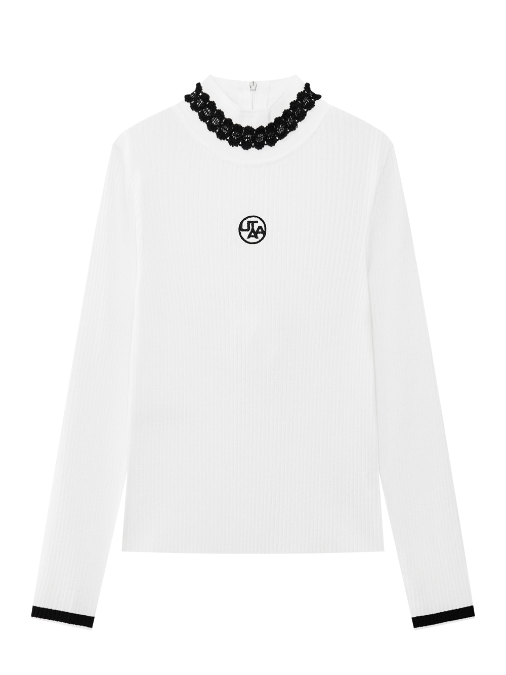 Áo knit golf nữ UTAA màu trắng cổ cao viền ren đen, tay dài viền đen