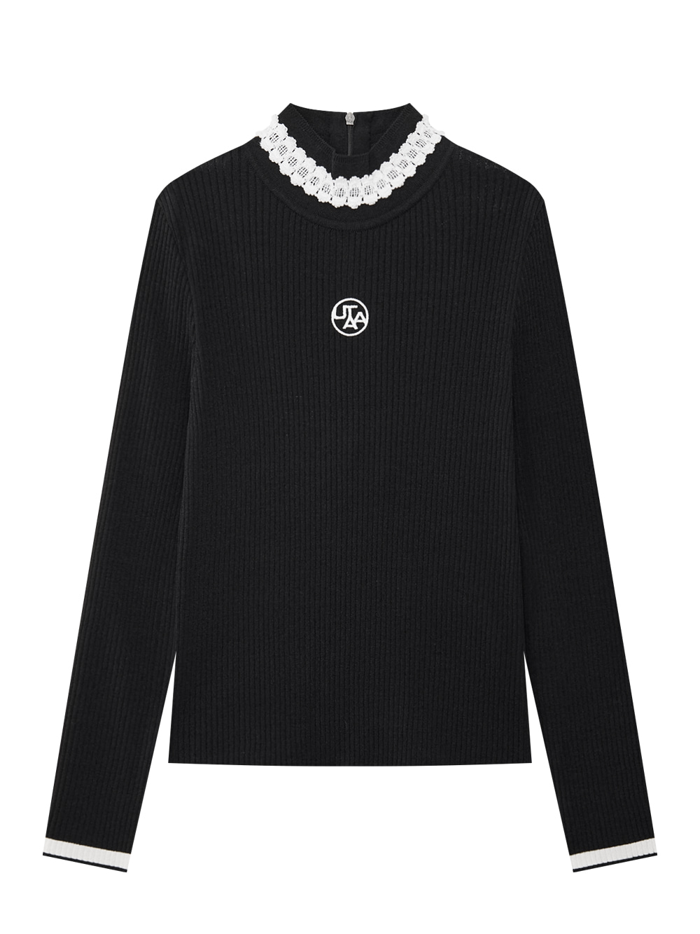 Áo knit golf nữ màu đen cổ ren phối viền trắng tay dài thương hiệu UTAA