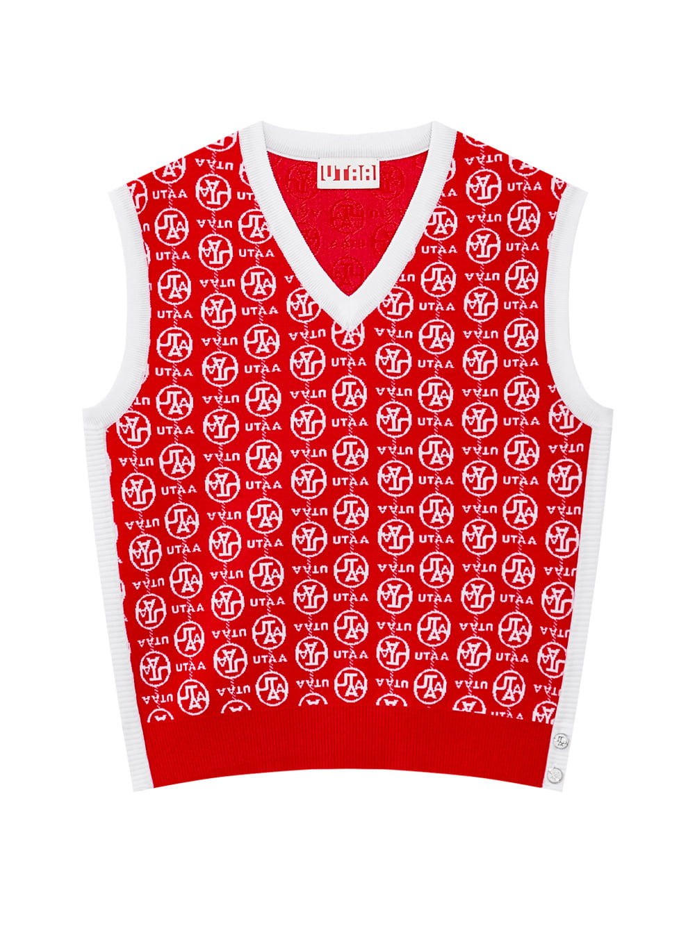 Áo vest golf nữ màu đỏ viền trắng họa tiết logo UTAA lặp lại