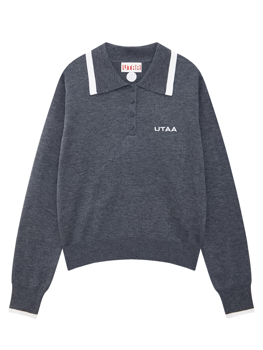 Áo knit golf nữ màu xám cổ bẻ phối viền trắng tay dài UTAA