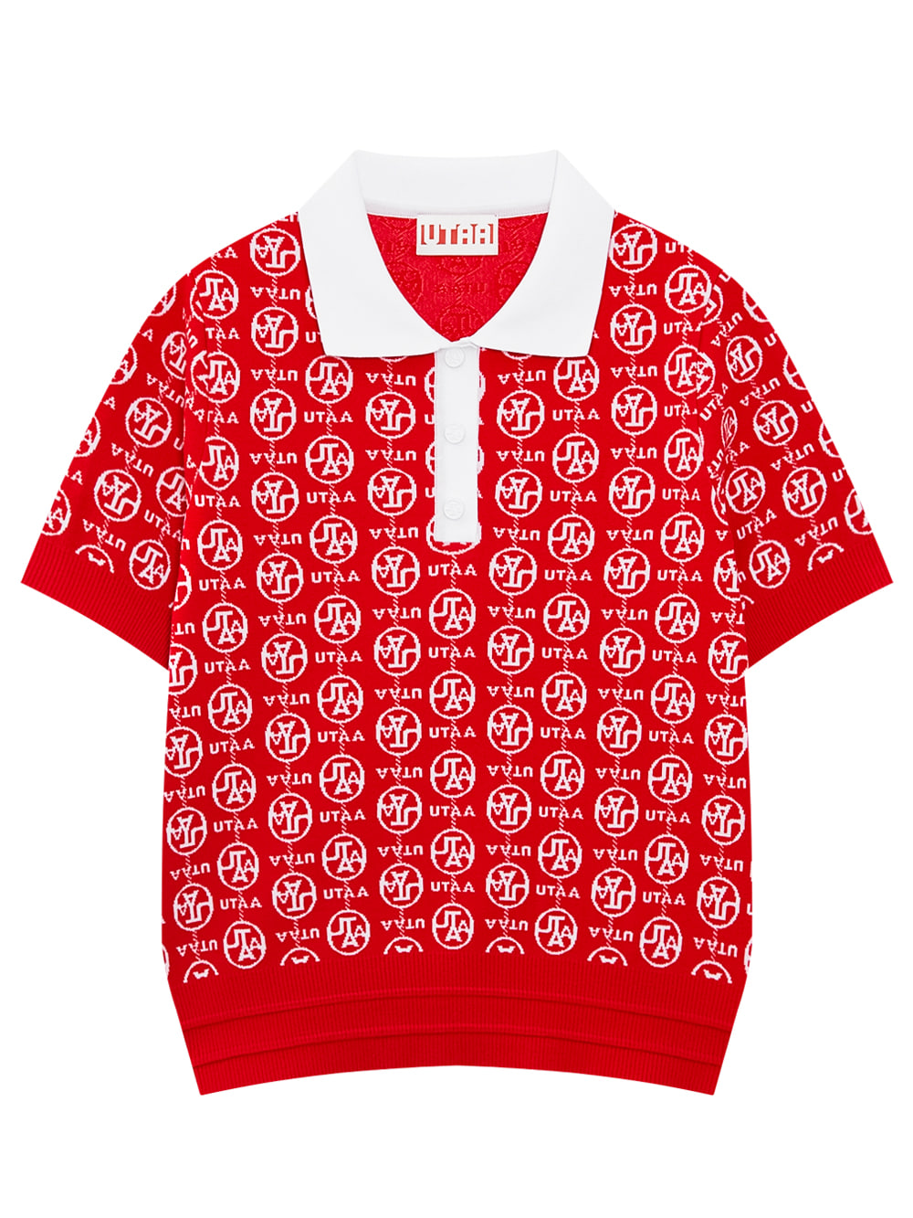 Áo knit golf nữ cổ bẻ trắng họa tiết logo UTAA màu đỏ