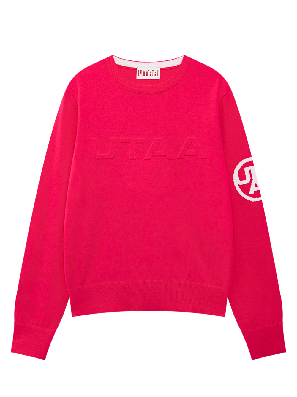 Áo knit golf nữ UTAA màu hồng cổ tròn tay dài có logo dập nổi trước ngực và logo trắng trên tay áo