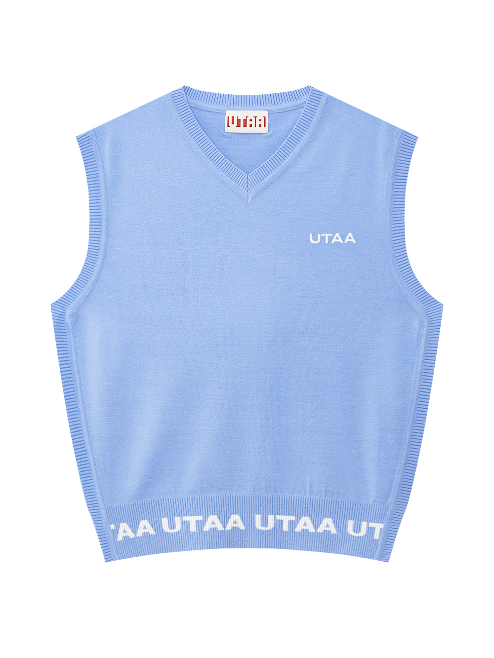 Áo vest golf nữ UTAA màu xanh dương, kiểu cổ tim, không tay, có logo UTAA thêu ngực và viền logo ở gấu áo