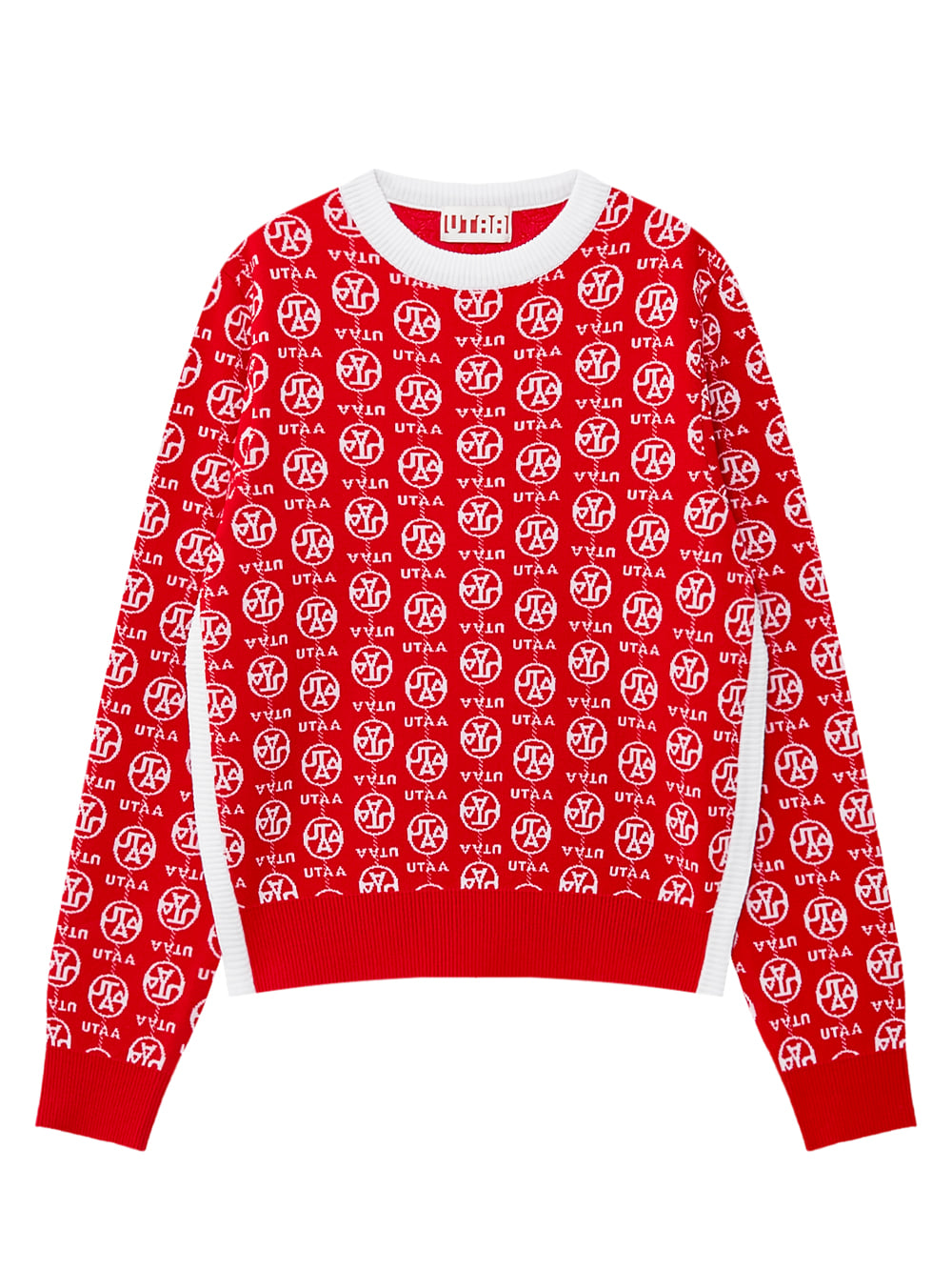 Áo knit golf nữ màu đỏ họa tiết logo UTAA trắng viền cổ tay và cổ áo màu trắng