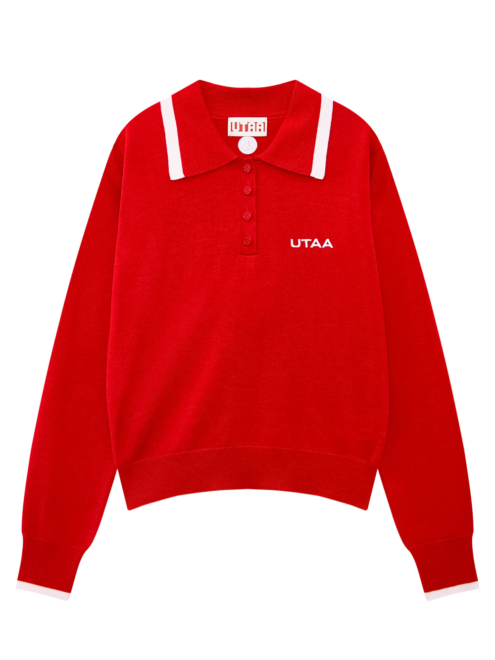 Áo knit golf nữ UTAA màu đỏ cổ bẻ phối viền trắng tay dài phong cách Hàn Quốc