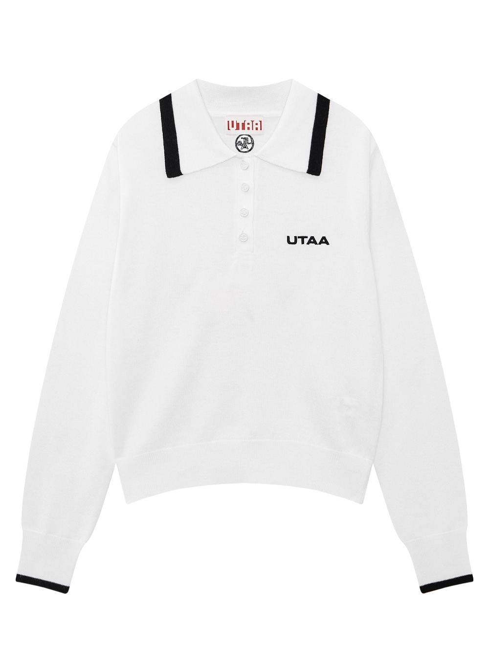 Áo knit golf nữ UTAA màu trắng, cổ bẻ phối viền đen, tay dài, logo UTAA đen nhỏ ở ngực