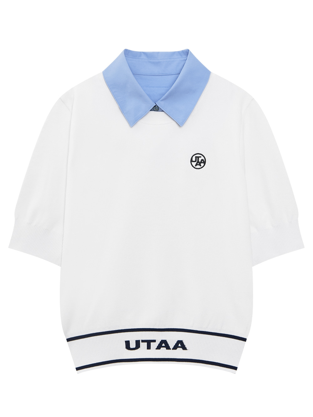Áo knit golf nữ trắng UTAA cổ phối xanh tay lỡ viền dưới in logo UTAA