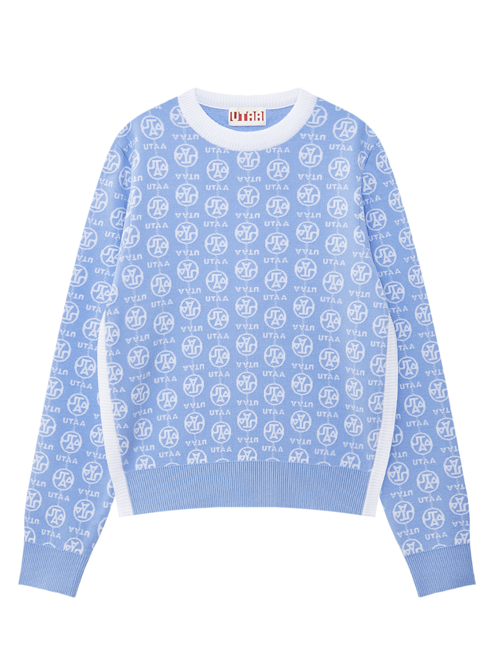 Áo knit golf nữ xanh dương họa tiết logo UTAA cổ tròn viền trắng