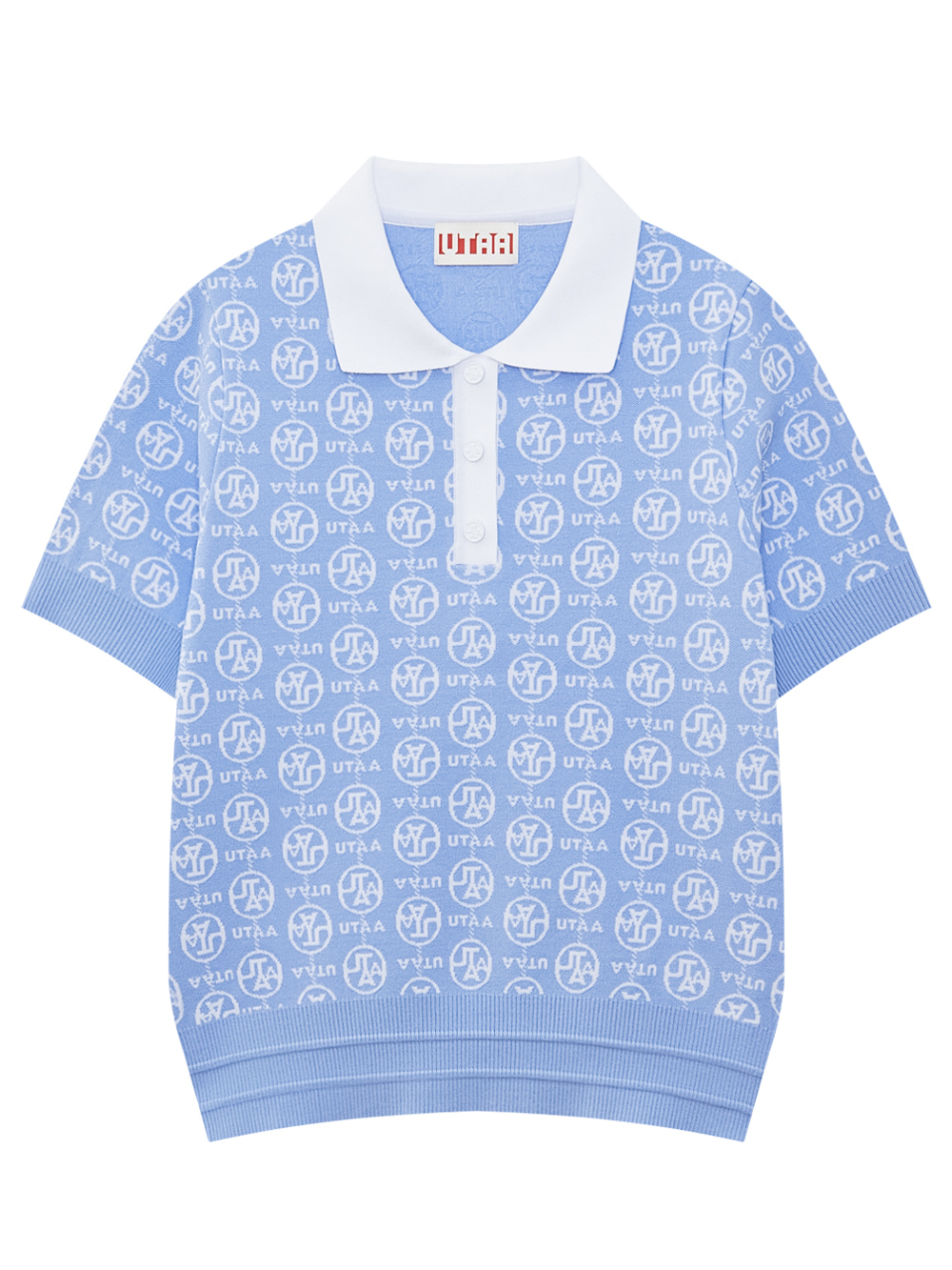 Áo knit golf nữ màu xanh dương tay ngắn cổ bẻ trắng họa tiết logo UTAA