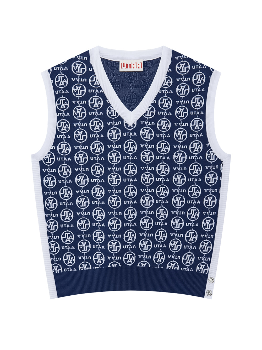 Áo vest golf nữ xanh navy họa tiết logo UTAA viền trắng không tay cổ V