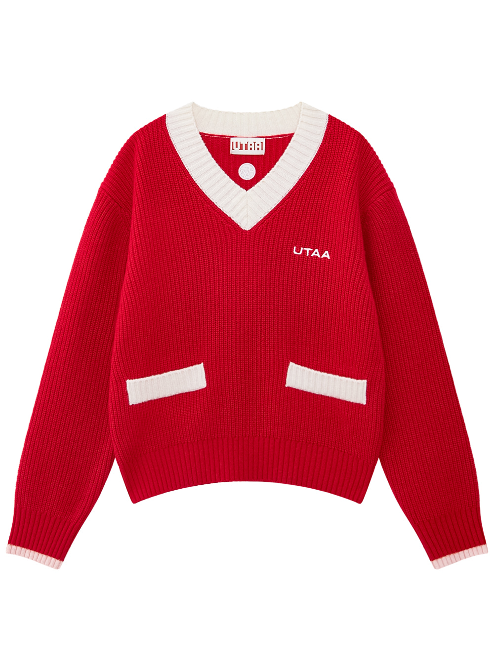 Áo knit golf nữ màu đỏ phối viền trắng cổ tim tay dài có túi nhỏ UTAA