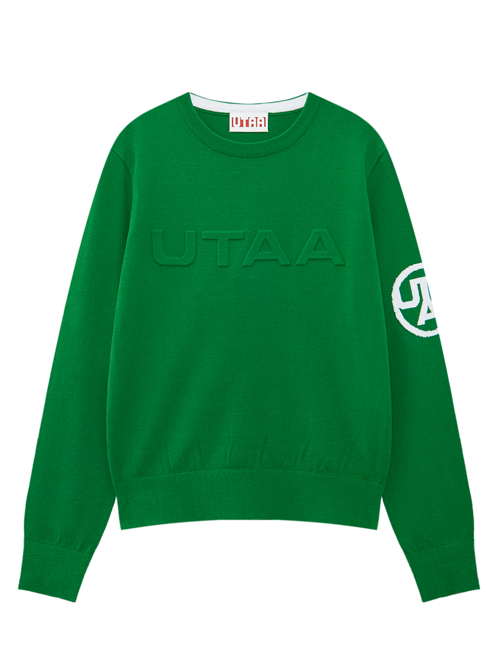 Áo knit golf nữ UTAA màu xanh lá, cổ tròn, logo dập nổi trước ngực, họa tiết trắng trên tay áo