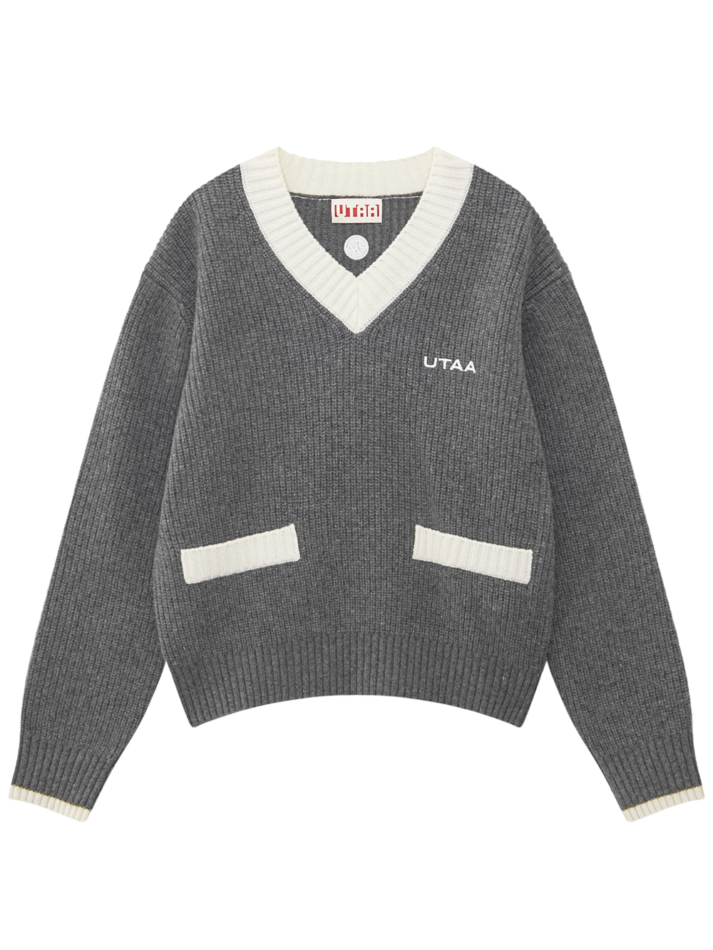 Áo knit golf nữ UTAA màu xám cổ tim phối viền trắng có túi trước