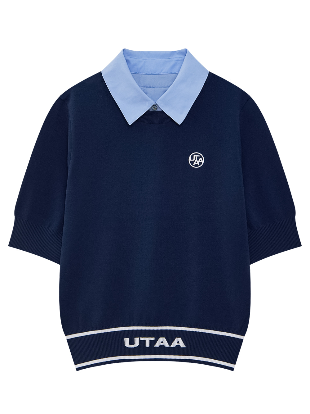Áo knit golf nữ UTAA màu xanh navy cổ bẻ phối màu xanh nhạt, tay ngắn, gấu viền chữ UTAA