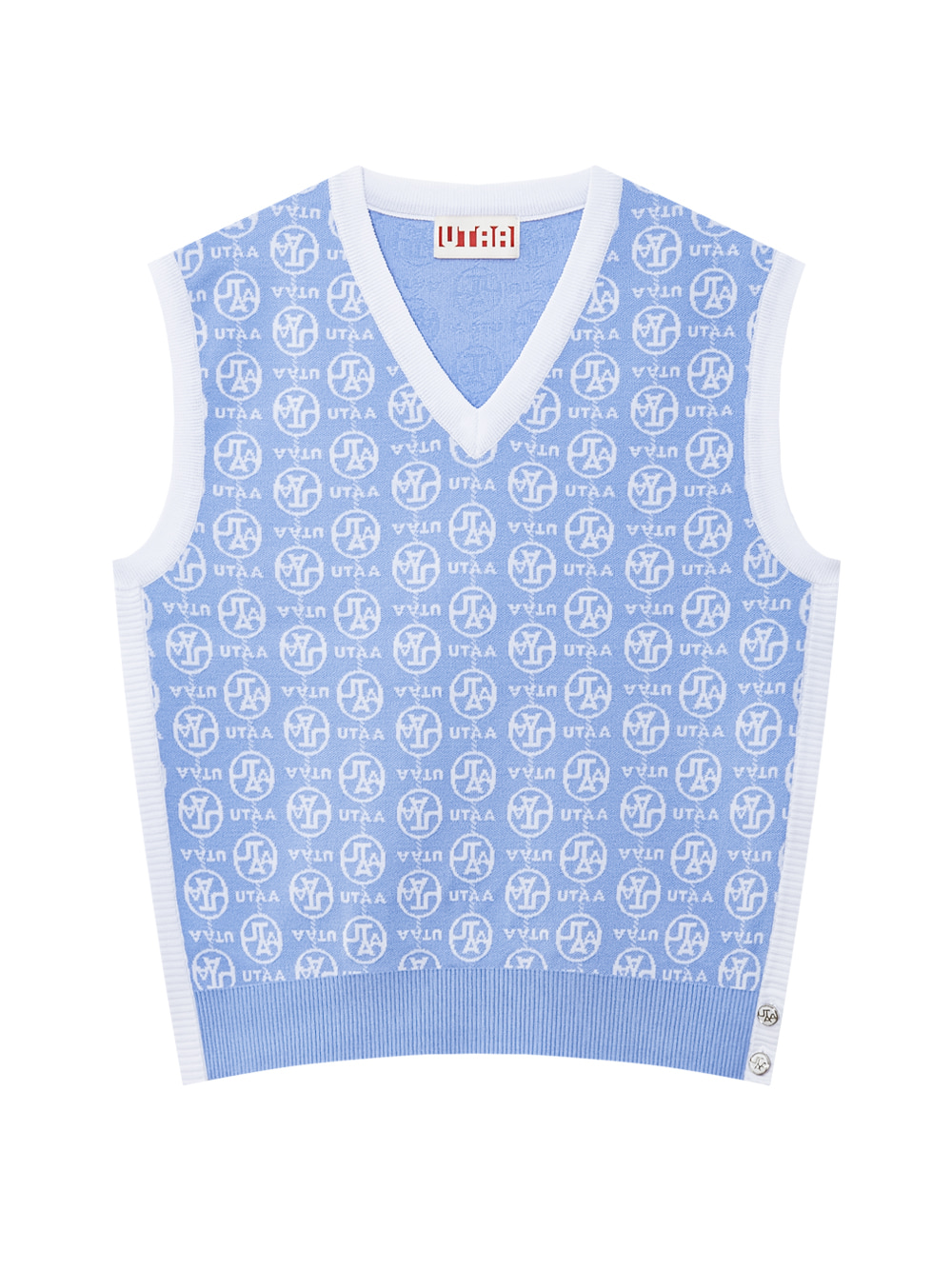 Áo vest golf nữ dáng suông cổ tim màu xanh dương kèm họa tiết logo UTAA lặp lại viền trắng