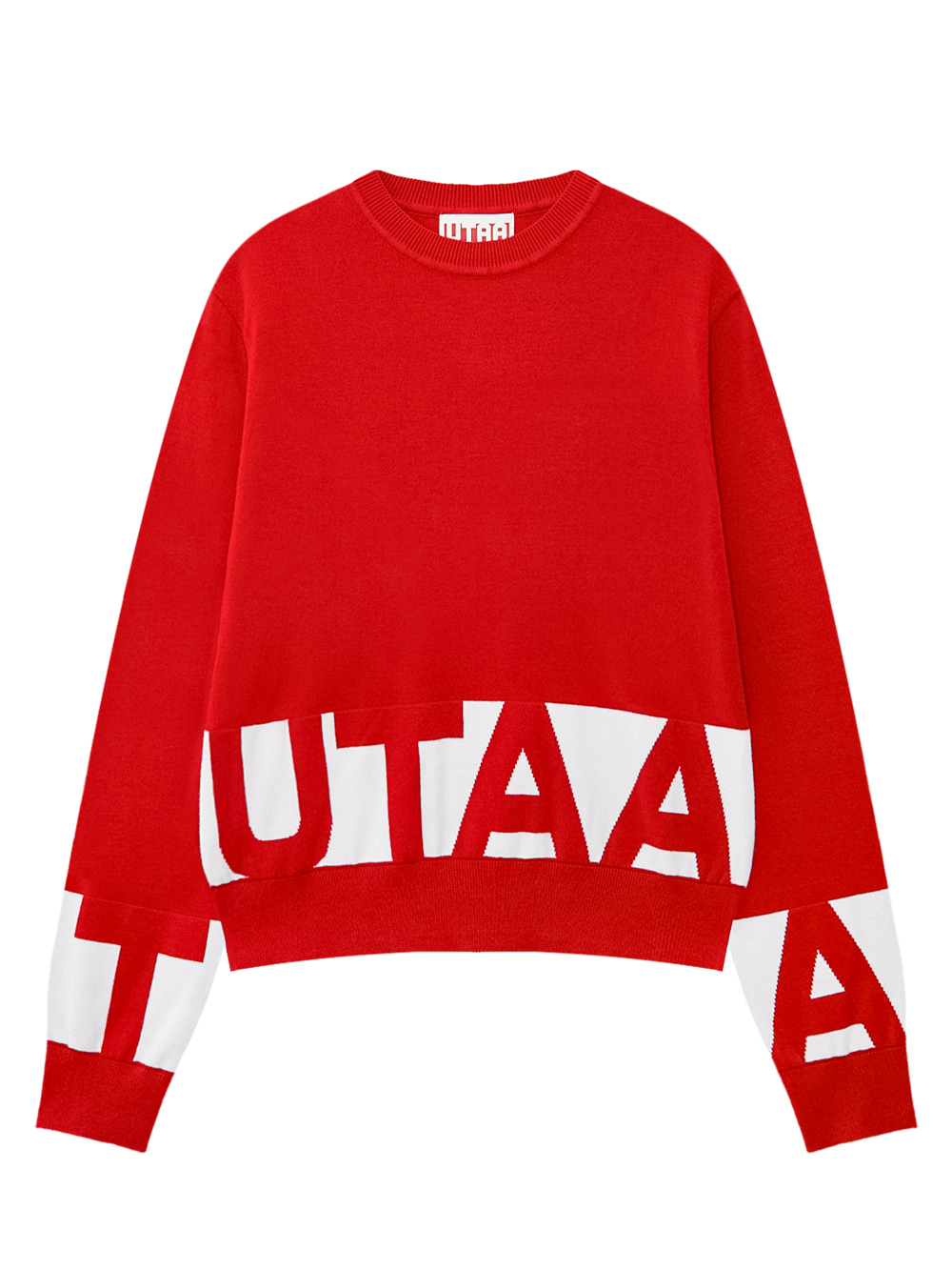 Áo knit golf nữ cổ tròn màu đỏ phối chữ logo UTAA trắng ở gấu và tay áo