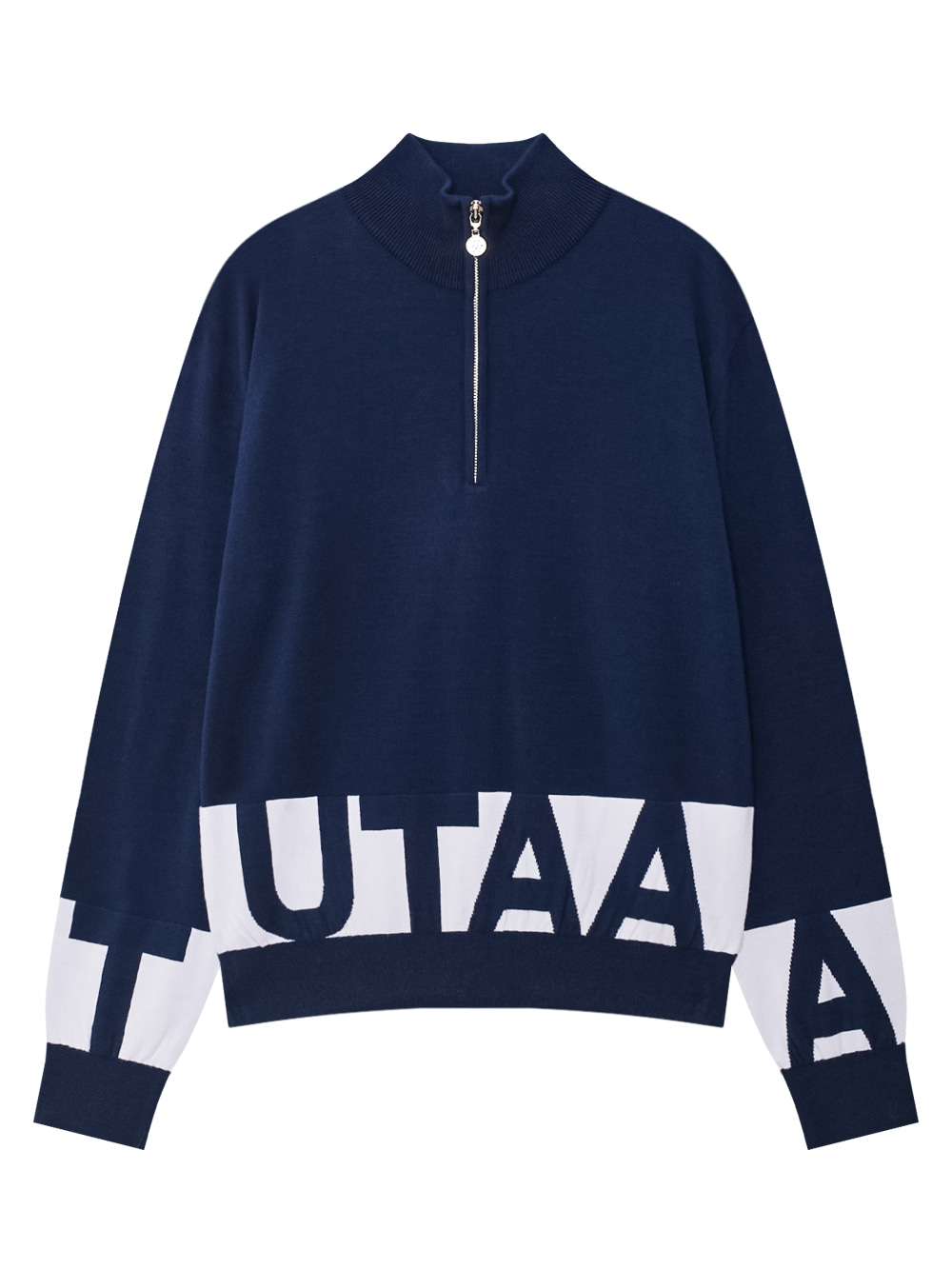 Áo knit golf nữ UTAA xanh navy cổ cao khóa kéo nửa thân, phối chữ logo trắng bản lớn