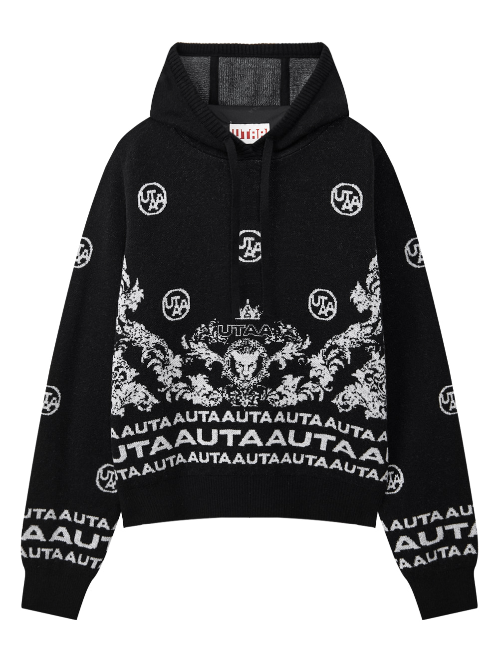 Áo knit golf nữ UTAA màu đen với họa tiết baroque màu trắng và logo UTAA, thiết kế hoodie