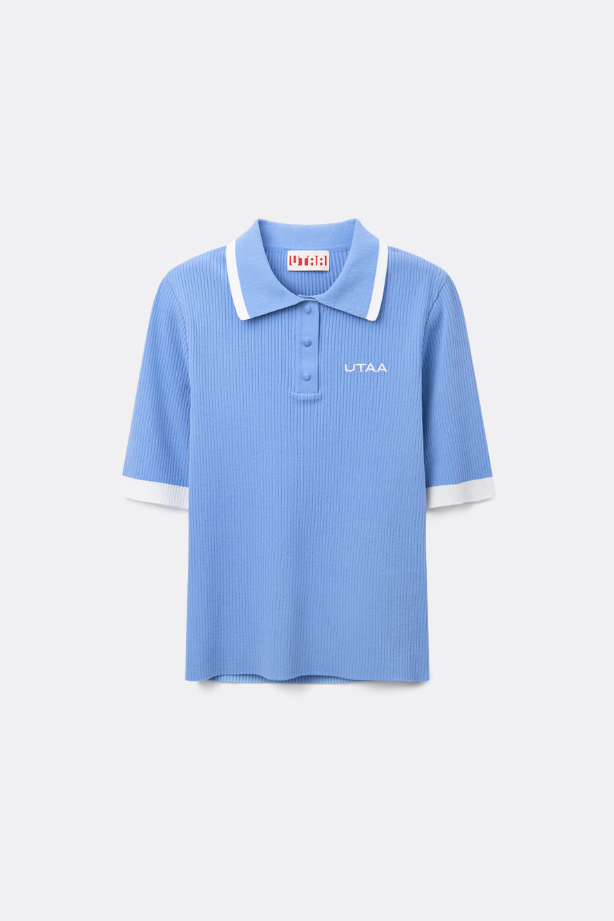 Áo knit golf nữ UTAA màu xanh dương cổ bẻ tay lửng phối viền trắng