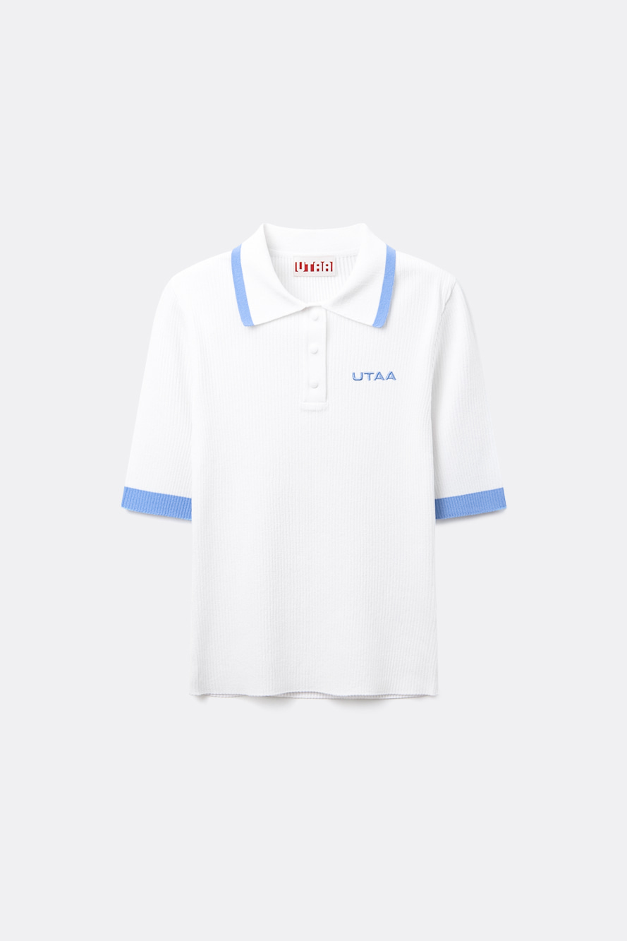 Áo knit golf nữ màu trắng viền xanh cổ bẻ tay lửng thương hiệu UTAA