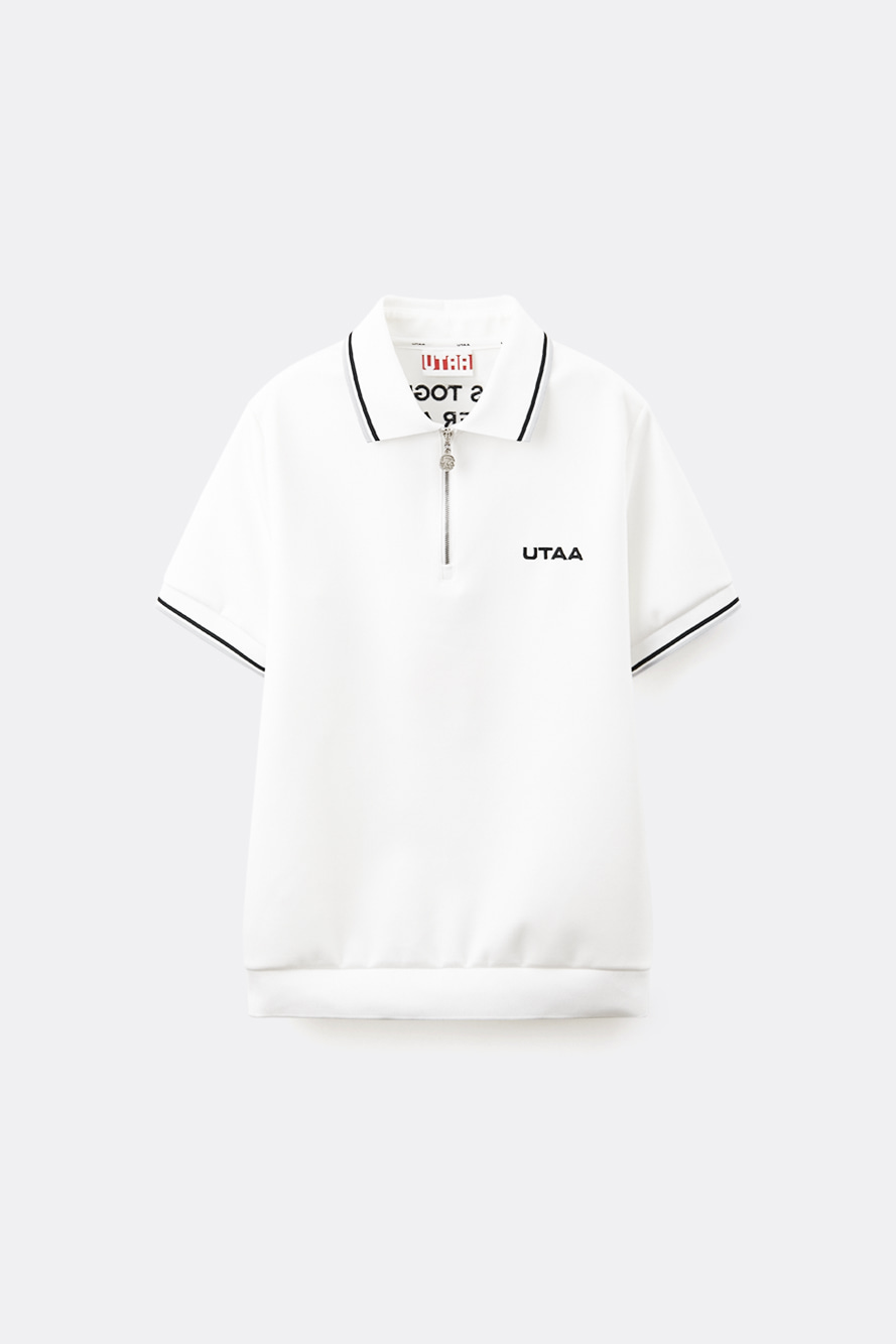 Áo golf nữ UTAA màu trắng cổ trụ phối khóa kéo viền tay và cổ áo màu đen
