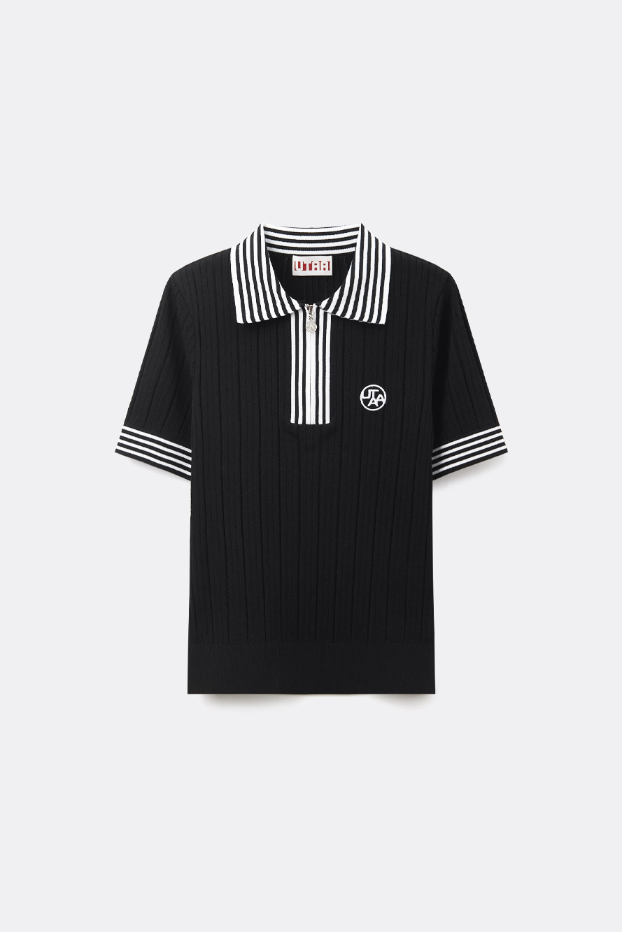 Áo knit golf nữ cổ zip phối sọc trắng đen, tay ngắn viền sọc, màu đen