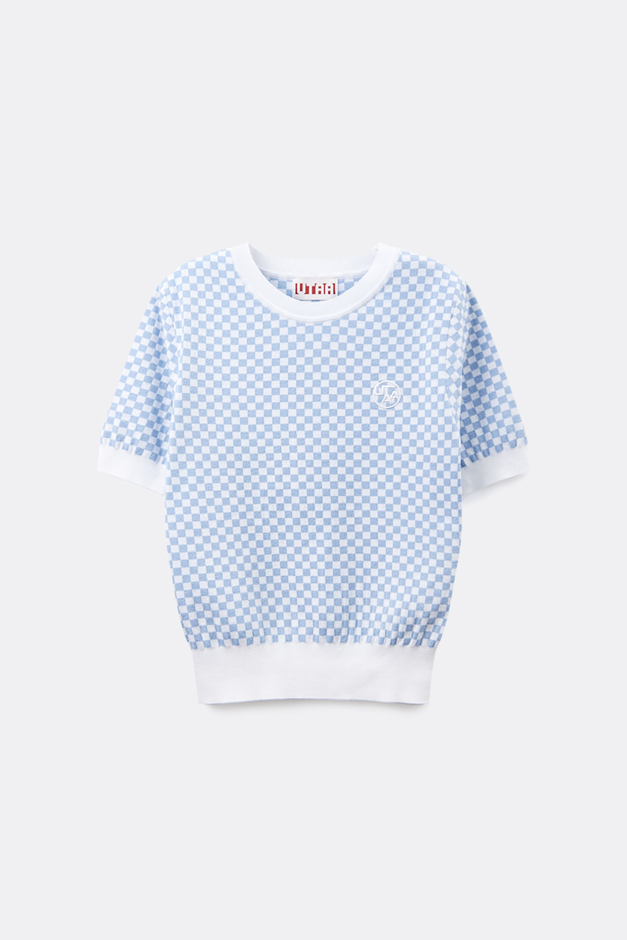 Áo knit golf nữ màu xanh dương caro phối cổ và tay áo trắng, tay ngắn, cổ tròn của UTAA