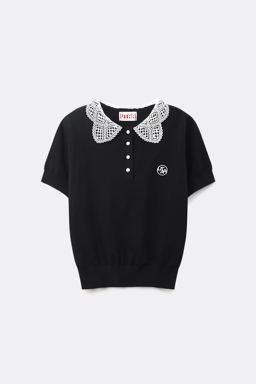 Áo knit golf nữ đen cổ ren trắng phối nút trắng UTAA