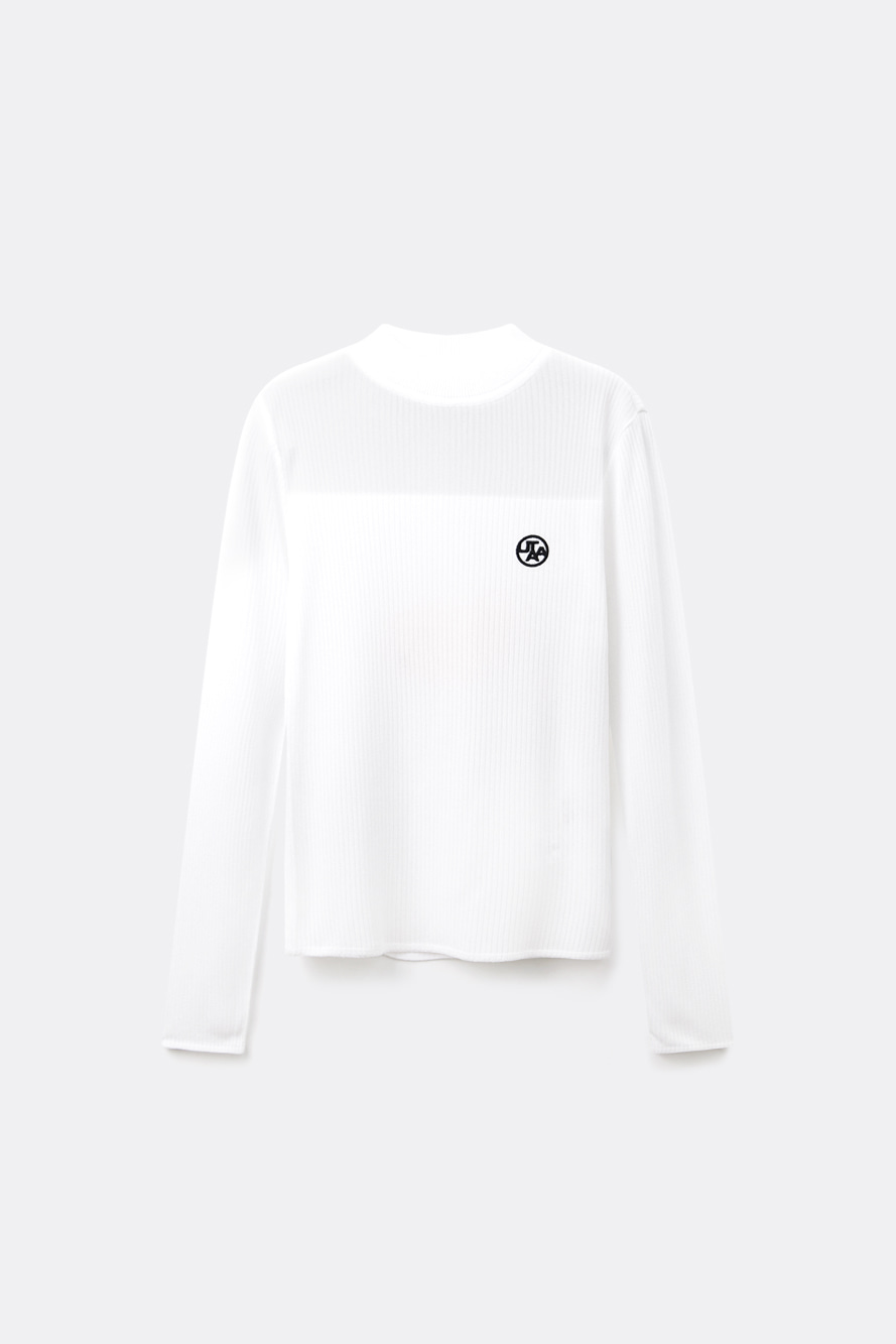 Áo knit golf nữ UTAA màu trắng, cổ cao, tay dài, logo nhỏ màu đen