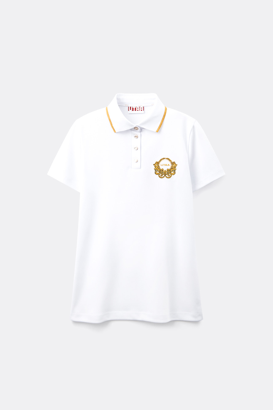 Áo polo golf nữ màu trắng có cổ bẻ viền vàng và logo thêu vàng trước ngực UTAA