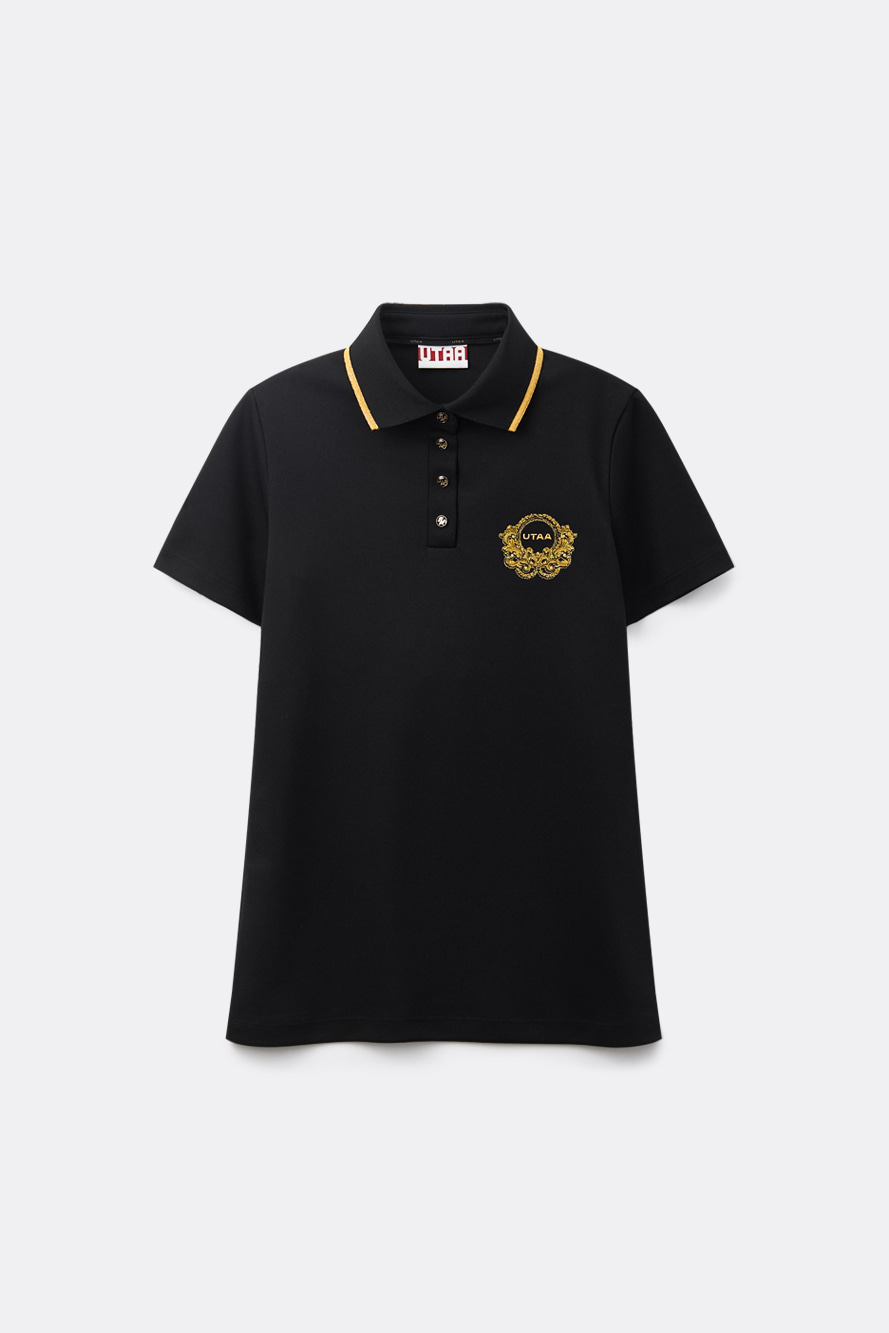 Áo golf nữ UTAA dáng T-shirt màu đen cổ bẻ viền vàng, thêu logo họa tiết màu vàng