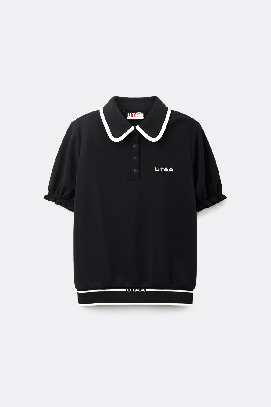 Áo golf nữ UTAA màu đen kiểu polo cổ rộng phối viền trắng, tay phồng, bo gấu viền trắng