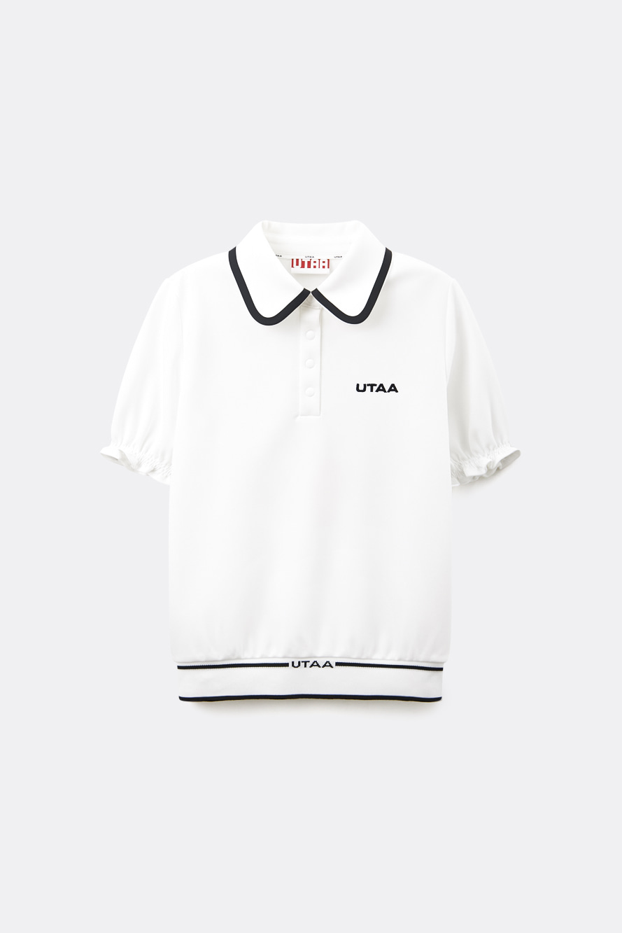 Áo golf nữ trắng UTAA cổ petaline phối viền đen, tay phồng chun