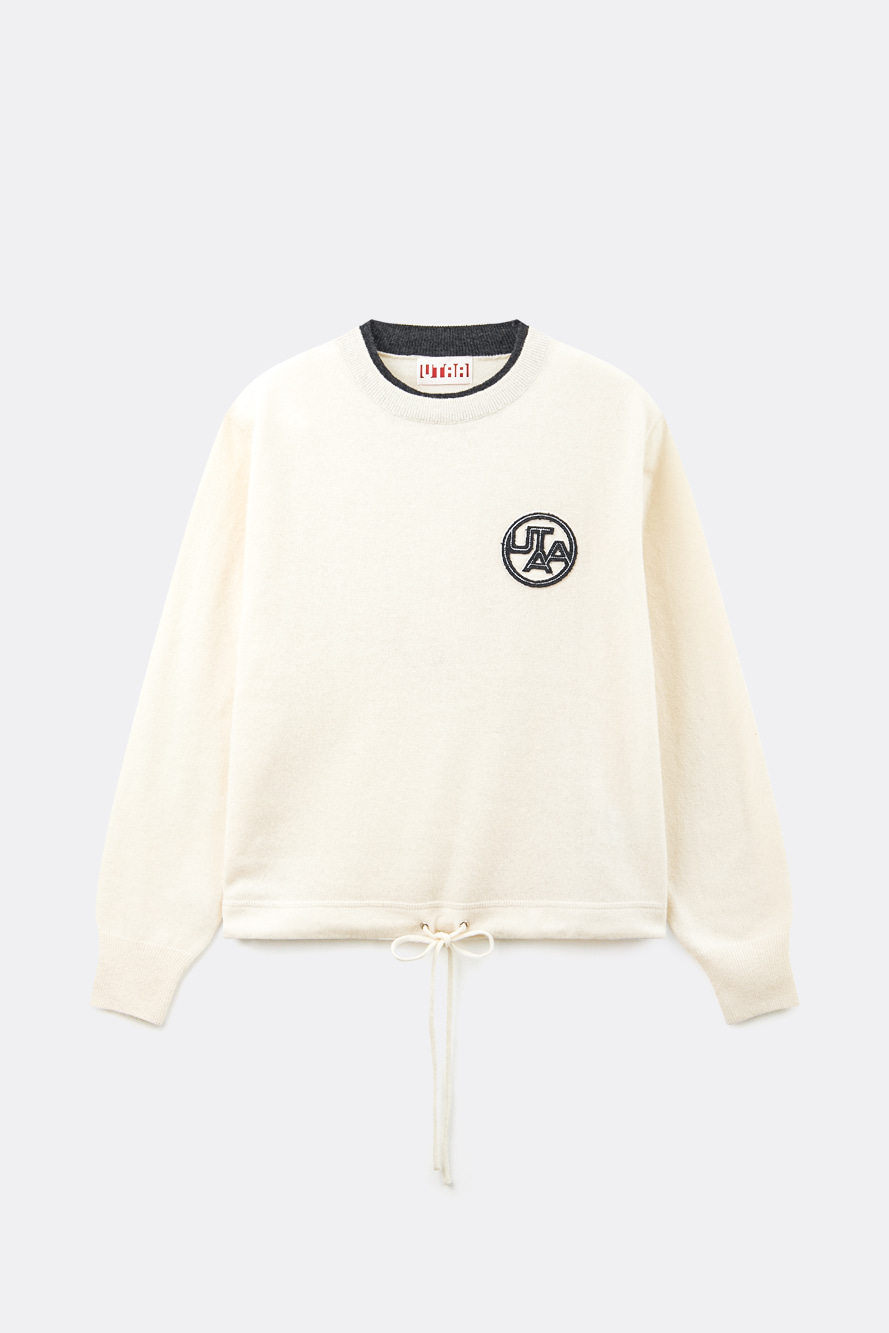 Áo knit golf nữ màu ngà UTAA cổ tròn tay dài, có logo thêu và dây rút chân áo