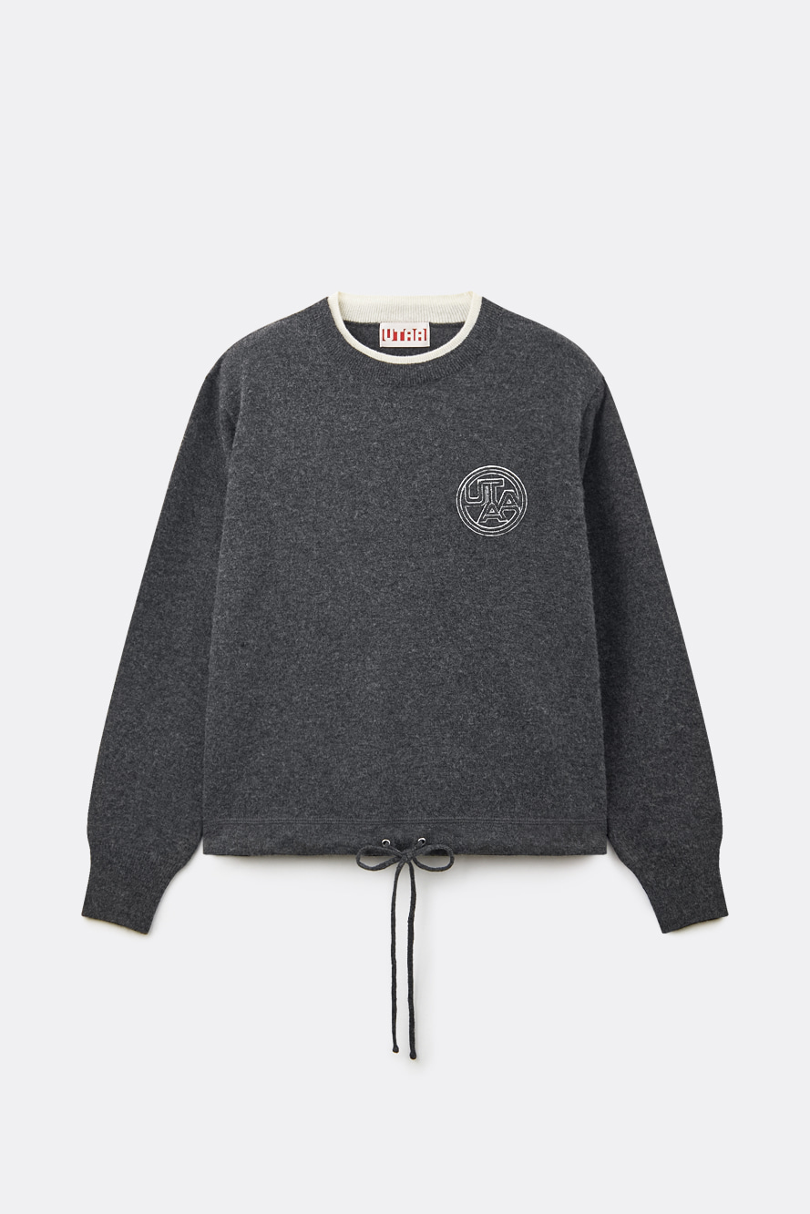Áo knit golf nữ UTAA màu xám cổ tròn viền trắng dây rút gấu