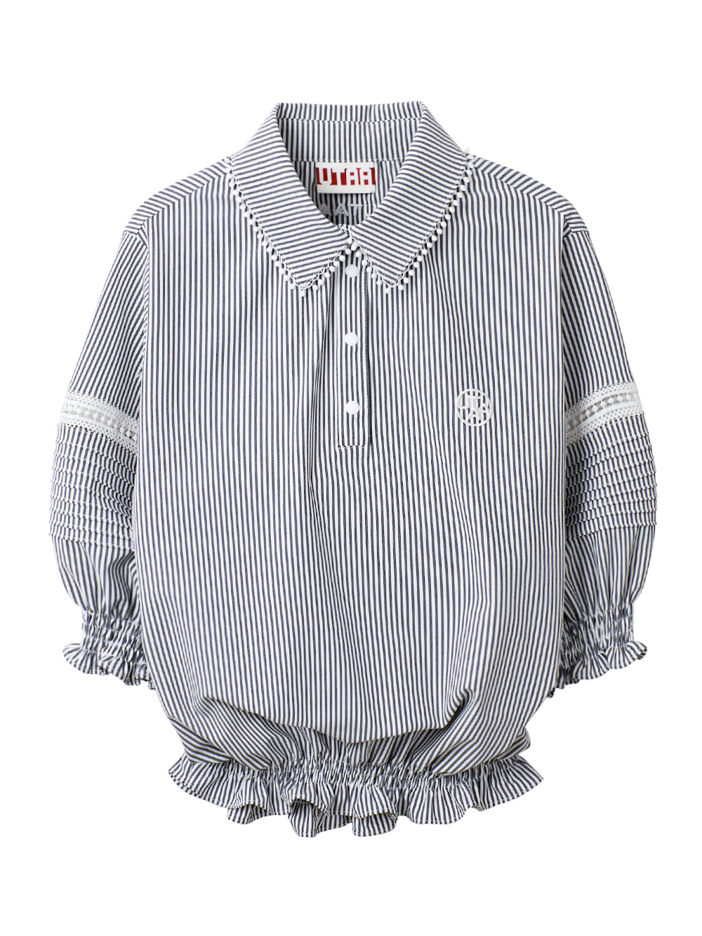 UTAA Lace Stripe Shirring Blouse : Grey (UB3STF407GR)