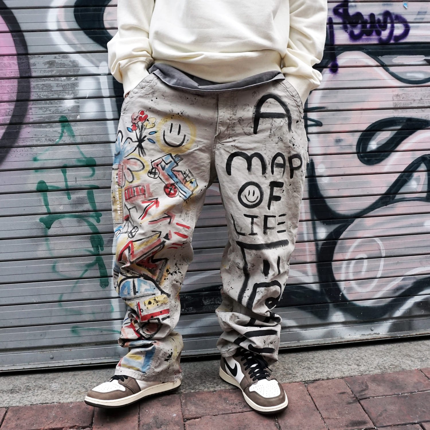 DOODLE LIFE MAP SINGLE KNEE DENIM KUSTOM PANTS